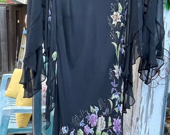 Vintage SUGARPLUM Black evening/cocktail dress with flowers and matching shawl