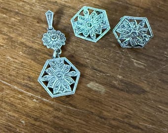 Vintage Sterling and Marcasite Pendant, Earrings, snowflake design, including  20 inch box chain 925
