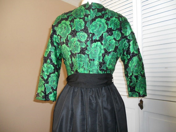 Vintage 1950's Cocktail Dress Green and black seq… - image 4