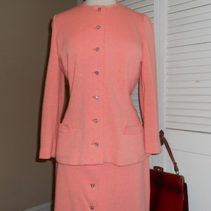 Vintage Kimberly Peach two piece ensemble/ Jacket and Long Skirt with rhinestone buttons