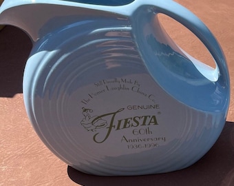 Vintage Fiesta 60th Anniversary Periwinkle Disc pitcher and four tumblers