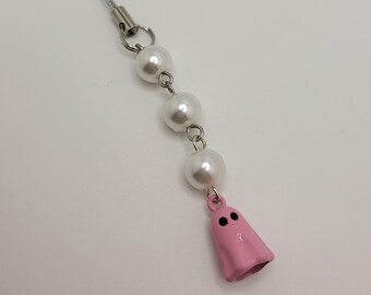 Pink Ghostie Phone Charm, Spooky Beaded Accessory