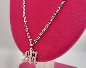 OLD ENGLISH M Initial Necklace, 18 Inch Stainless Steel