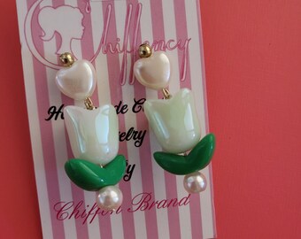 Tulip Dangle Earrings: Faux Pearl Studs, Lightweight