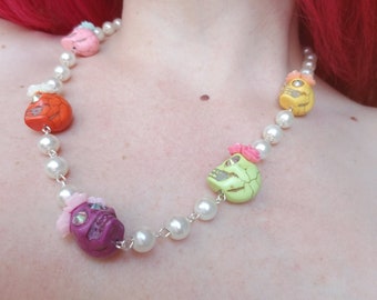 DIA De LOS MUERTOS, Skull Necklace, Day Of The Dead Skull Necklace, Colorful Flower, 20 inch pearl necklace