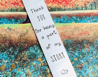 Thank You for Being a Part of My Story Bookmark, Light Pink Tassel, Hand Stamped, Aluminum