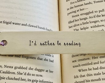 I'd Rather Be Reading Book Mark, Lavender Tassel, Hand Stamped, Aluminum