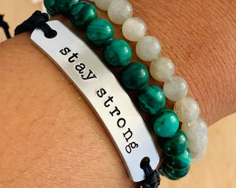 Stay Strong Macrame Bracelet, Hand Stamped, Nylon String, Adjustable, Sliding Knot Closure