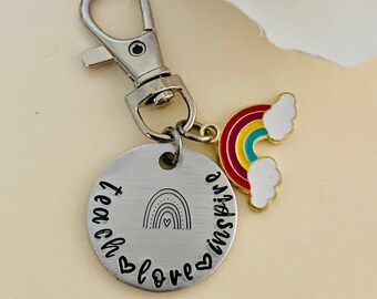 Teach Love Inspire, Small Aluminum Hand Stamped Keychain, Rainbow Charm, Teacher Gift, Mentor