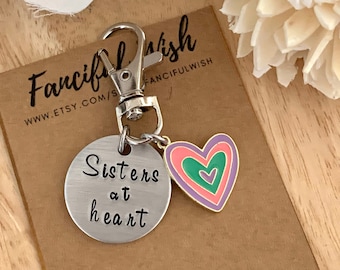 Sisters at Heart, Aluminum, Hand Stamped, Keychain, Bag Accessories, Zipper Tag, Bestie, Gift