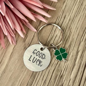 Good Luck Keychain, Small Aluminum Hand Stamped, Clover Charm, Gift