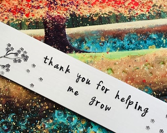 Thank You For Helping Me Grow Cherry Blossom Metal Bookmark, Pink Tassel, Hand Stamped, Aluminum, Teacher Gift, Gift