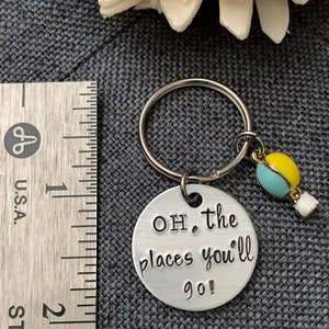 Oh, the places you'll go Small Aluminum Hand Stamped Keychain, Hot Air Balloon Charm, Student Gift, Graduation, Promotion image 2