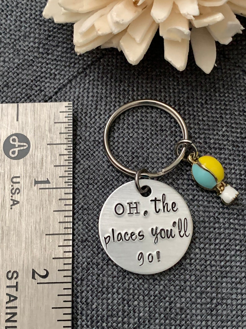 Oh, the places you'll go Small Aluminum Hand Stamped Keychain, Hot Air Balloon Charm, Student Gift, Graduation, Promotion image 2