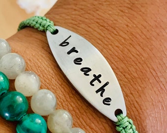 Breathe Macrame Bracelet, Hand Stamped, Nylon String, Adjustable, Sliding Knot Closure