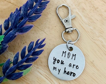 Mom You Are My Hero, Small Aluminum Hand Stamped Keychain, Crown Charm, Mother's Gift, Mother's Day