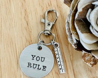 You Rule, Small Aluminum Hand Stamped Keychain, Ruler Charm, Teacher Gift, Student Gift