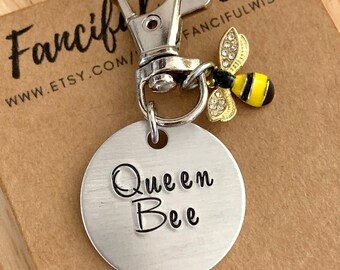 Queen Bee, Aluminum, Hand Stamped, Keychain, Bag Accessories, Zipper Tag, Gift