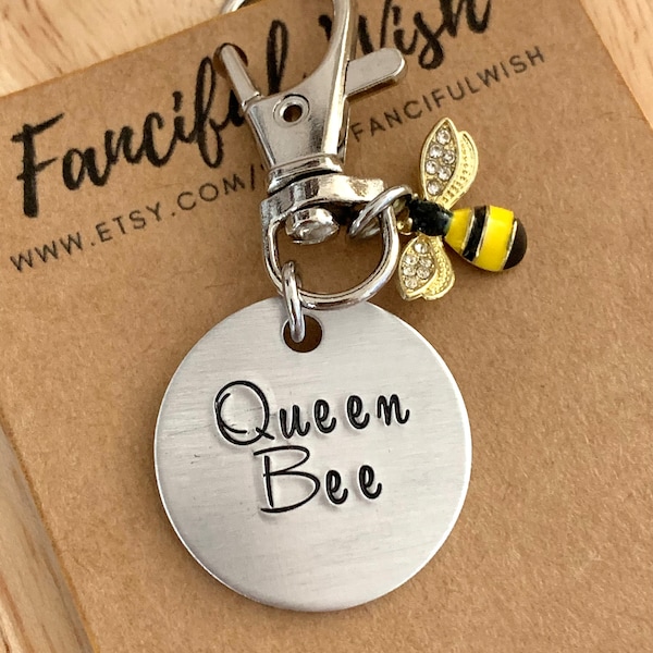 Queen Bee, Aluminum, Hand Stamped, Keychain, Bag Accessories, Zipper Tag, Gift