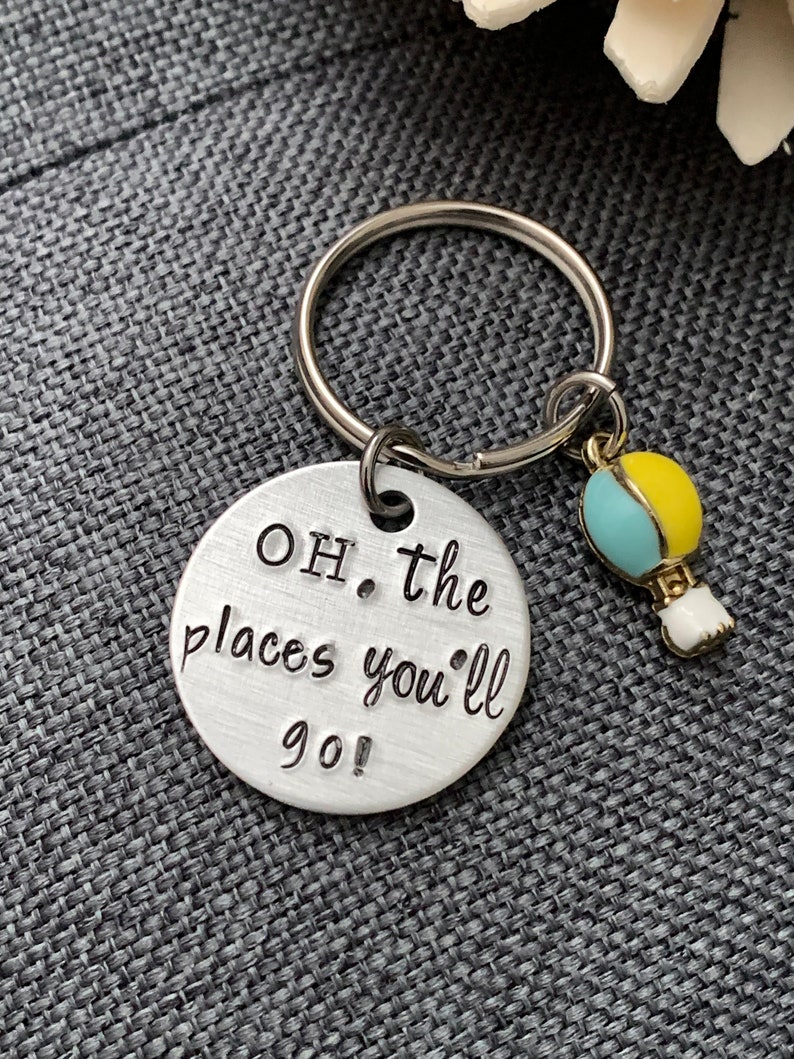 Oh, the places you'll go Small Aluminum Hand Stamped Keychain, Hot Air Balloon Charm, Student Gift, Graduation, Promotion image 3