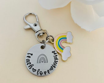 Teach Love Inspire, Small Aluminum Hand Stamped Keychain, Pastel Rainbow Charm, Teacher Gift, Mentor