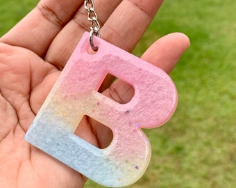 B Letter Resin Keychain - Pastel Rainbow