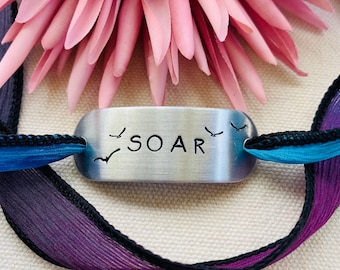 Soar ~ Aluminum Hand Stamped Ribbon Wrap Bracelet ~ 42 inches