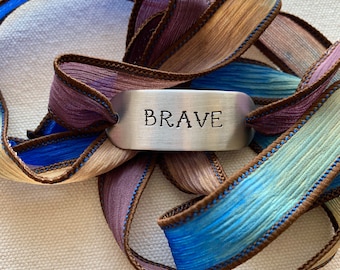 BRAVE ~ Aluminum Hand Stamped Ribbon Wrap Bracelet ~ 42 inches