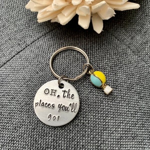 Oh, the places you'll go Small Aluminum Hand Stamped Keychain, Hot Air Balloon Charm, Student Gift, Graduation, Promotion image 1