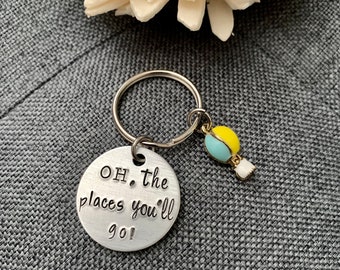 Oh, the places you'll go! Small Aluminum Hand Stamped Keychain, Hot Air Balloon Charm, Student Gift, Graduation, Promotion