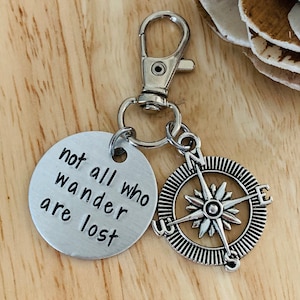 Not All Who Wander Are Lost, Small Aluminum Hand Stamped Keychain, Compass Charm