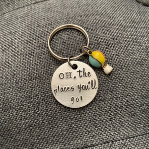 Oh, the places you'll go Small Aluminum Hand Stamped Keychain, Hot Air Balloon Charm, Student Gift, Graduation, Promotion image 4