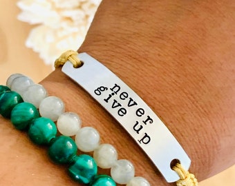 Never Give Up Macrame Bracelet, Hand Stamped, Nylon String, Adjustable, Sliding Knot Closure