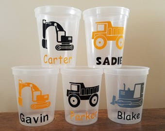 Personalized Construction Cups-Clear Cups with Lid and Straw-Birthday Cups-Personalized Cups--Excavator--Dump Truck--Bulldozer