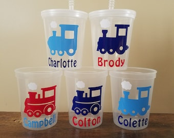 Personalized Train Cups -- Clear Cups with Lid and Straw