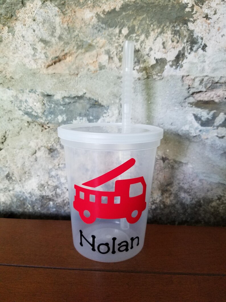 Personalized Fire Truck Cups-Clear Cups with Lid and Straw-Birthday Cups-Personalized Cups image 5