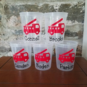 Personalized Fire Truck Cups-Clear Cups with Lid and Straw-Birthday Cups-Personalized Cups image 1