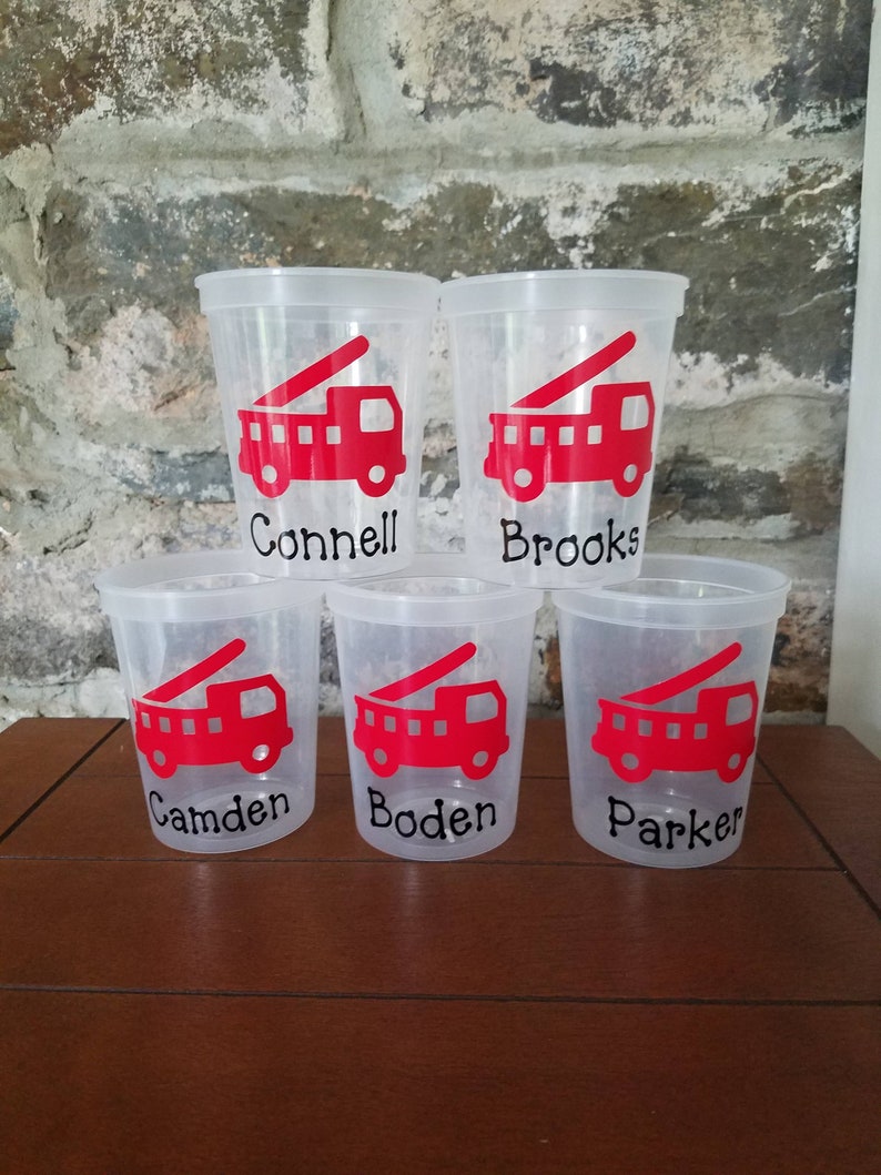 Personalized Fire Truck Cups-Clear Cups with Lid and Straw-Birthday Cups-Personalized Cups image 1