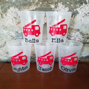 Personalized Fire Truck Cups-Clear Cups with Lid and Straw-Birthday Cups-Personalized Cups image 2