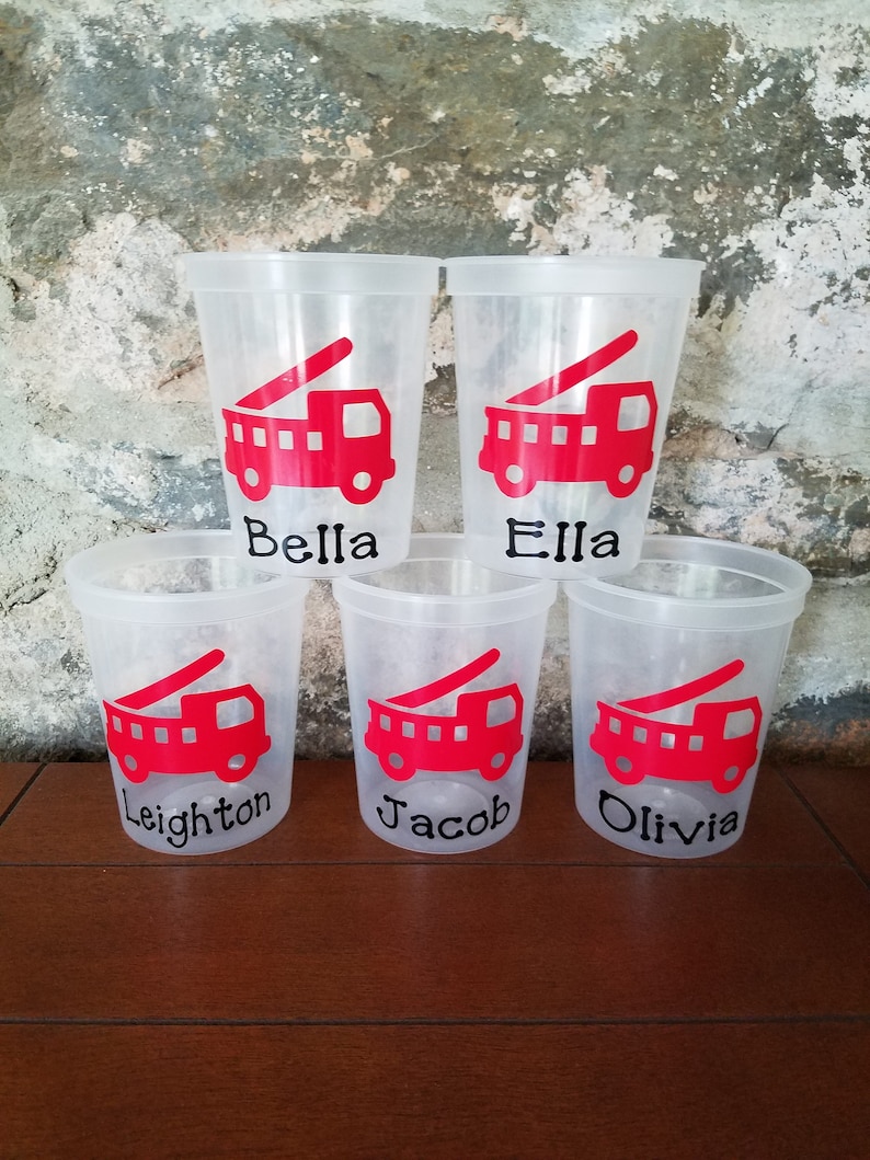 Personalized Fire Truck Cups-Clear Cups with Lid and Straw-Birthday Cups-Personalized Cups image 2