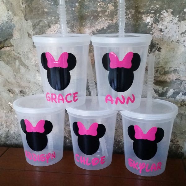 Personalized Minnie or Mickey Mouse Cups-Clear Cups with Lid and Straw-Birthday Cups-Personalized Cups