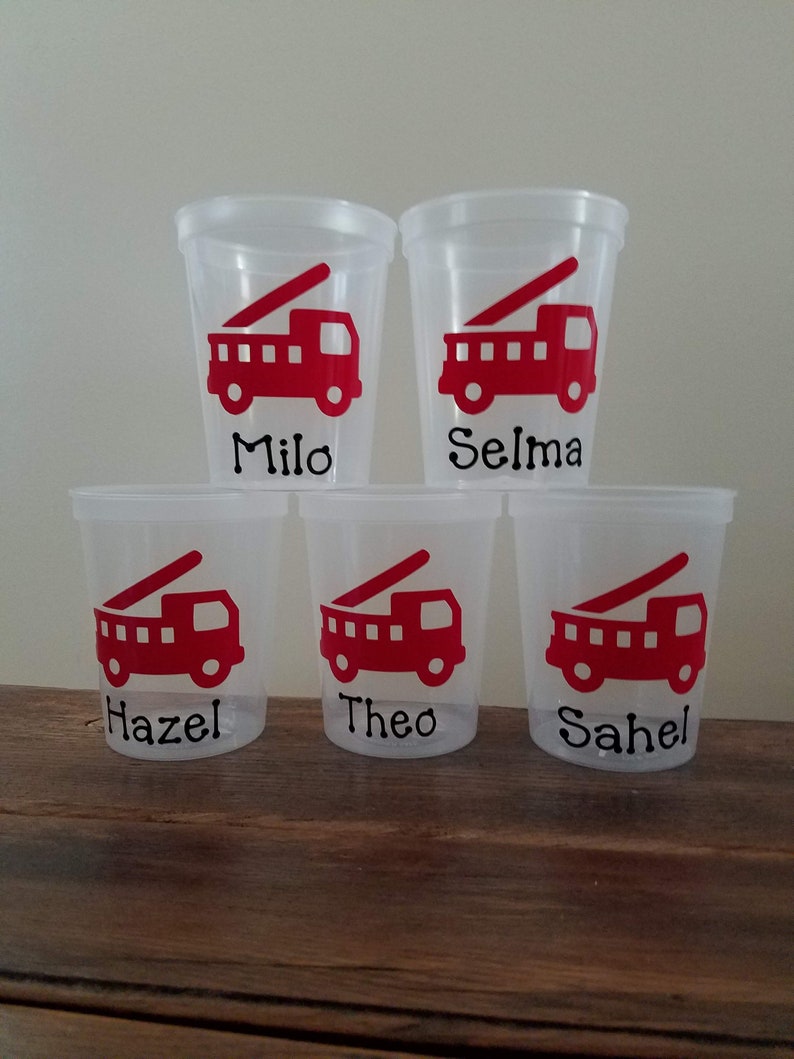 Personalized Fire Truck Cups-Clear Cups with Lid and Straw-Birthday Cups-Personalized Cups image 3
