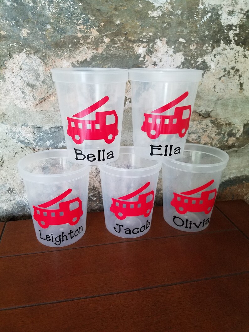 Personalized Fire Truck Cups-Clear Cups with Lid and Straw-Birthday Cups-Personalized Cups image 4