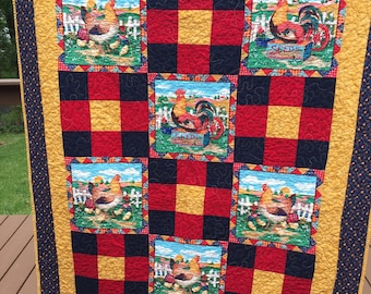 Hand Make Quilt  Chicken's and Rooster's Frogs Backing