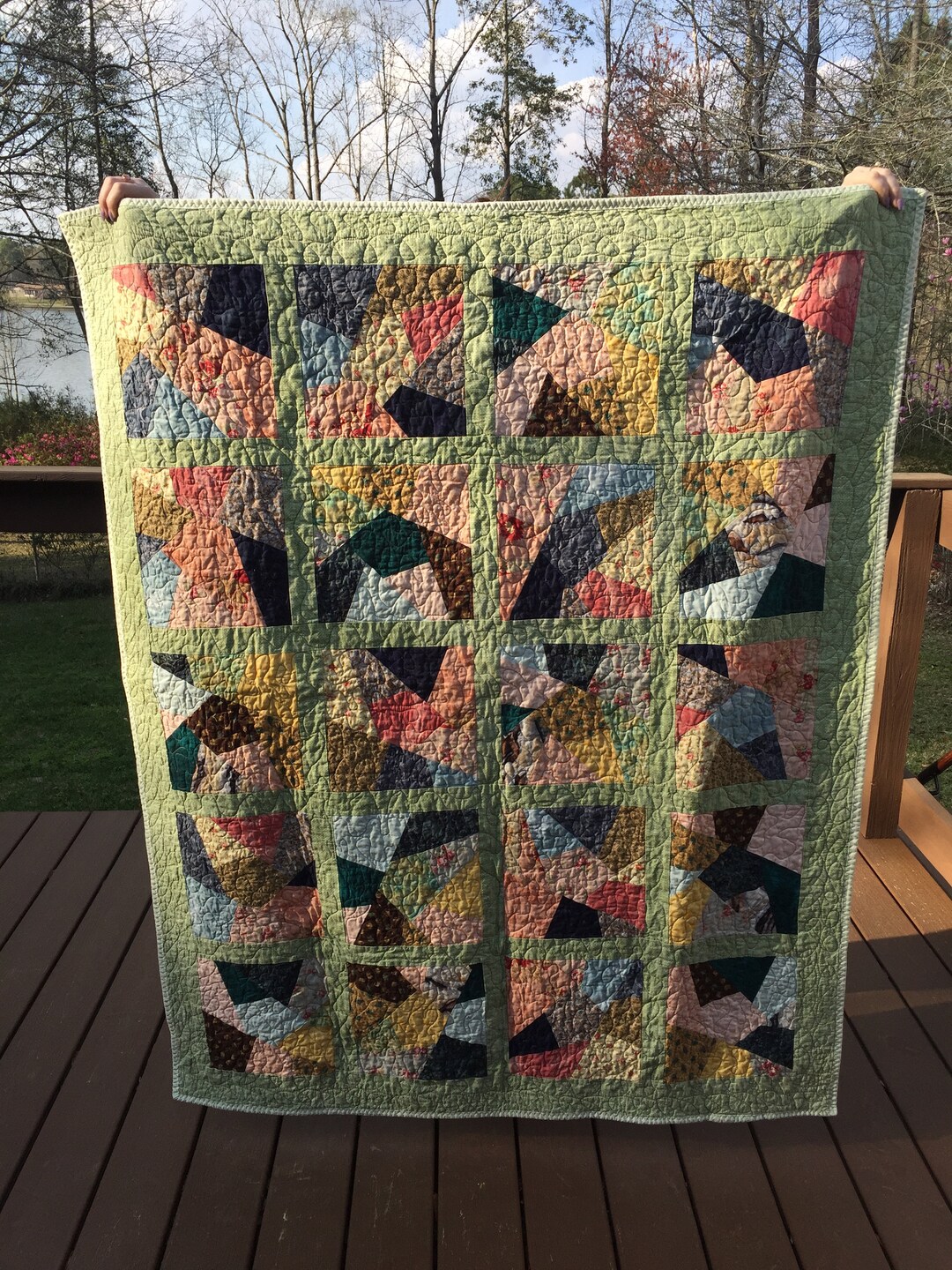 Hand Make Quilt Celery Green Crazy Quilt 6 Etsy