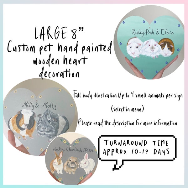 LARGE 8” custom hand painted wooden heart decoration | pet illustrative painting guinea pig/ bunny / hamster illustration | full body