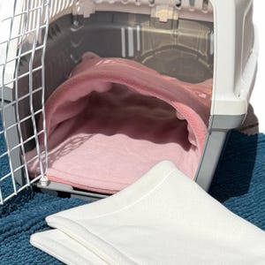 May include: A light gray and white plastic pet carrier with a white wire door. Inside the carrier is a soft, pink, tunnel-shaped fleece bed. A separate, folded white fleece mat is placed in the foreground, outside of the carrier unit.