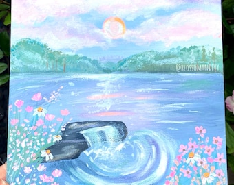 Fairytale Pool Acrylic Painting | 8x8" Framed Cottagecore Art