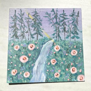 Floral rose garden landscape hand painted wooden panel | Original art | home decor |  floral whimsical art |  6x6”