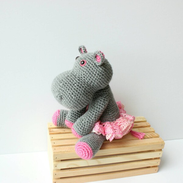 Hippo Plush with Tutu Skirt, Crochet Hippo Stuffed Animal, Baby Shower Gift, Birthday Gift,  Made To Order, pink and gray